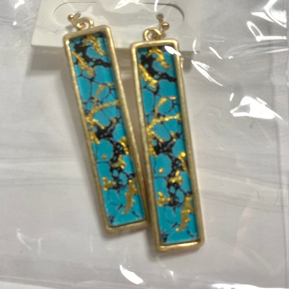 Gold and Turquoise Hook Bar Drop Earrings E7 - Picture 4 of 6